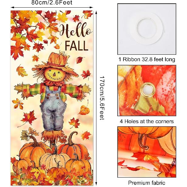 Fall Door Banner Cover Scarecrow Pumpkin Leaves Hanging Banner Autumn Photo Background for Thanksgiving Party Home School Classroom Supplies, 31.5 x