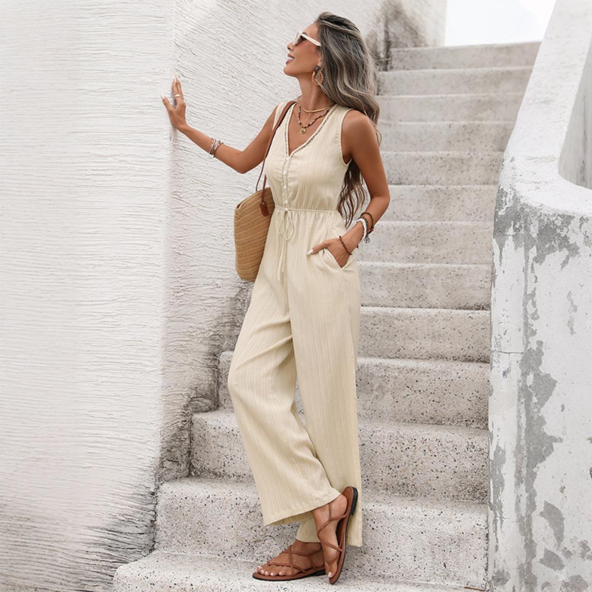 Новый Евроамериканский Стиль Текстурированный На Бретельках Повседневный Пляжный Комбинезон Длинные Штаны S абрикосовый