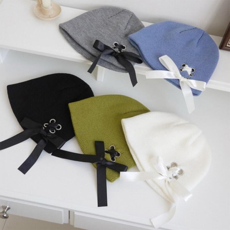 Women s Lovely Lace-Up Ribbon Golji Beanie Hat Blue