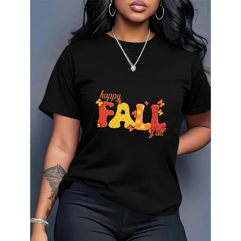 Plus Size Women Happy Fall Print Orange Yellow Red Green Loose Oversized Tee S чёрный