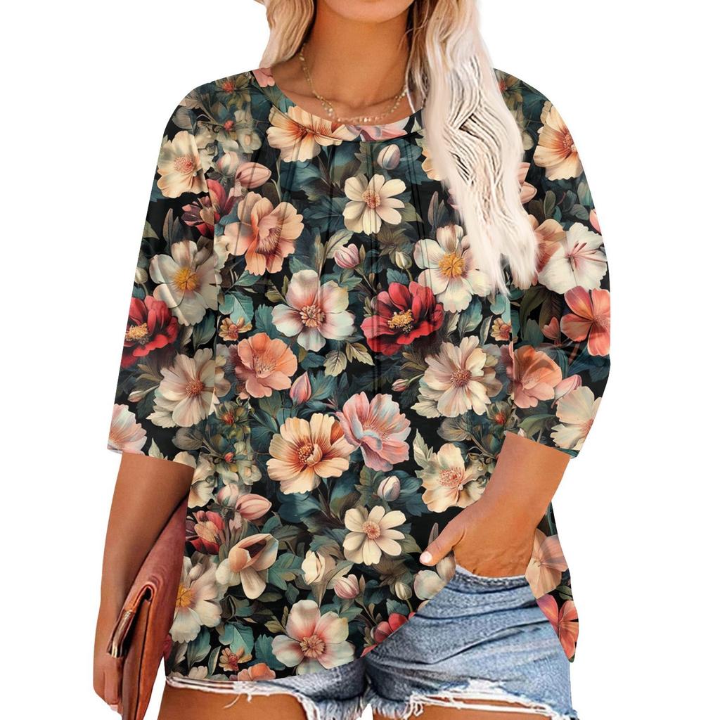 Women's Print Round Neck Plus Size Tops 3/4 Sleeves Elegant Shirt Tops