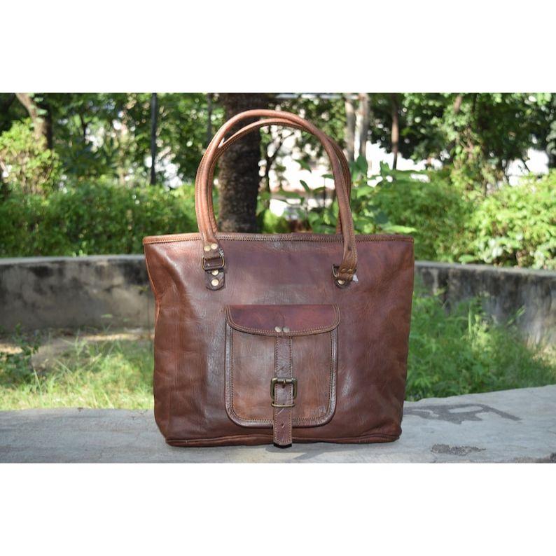 Handmade Leather Tote Bag: Travel Carry-On Shoulder Bag