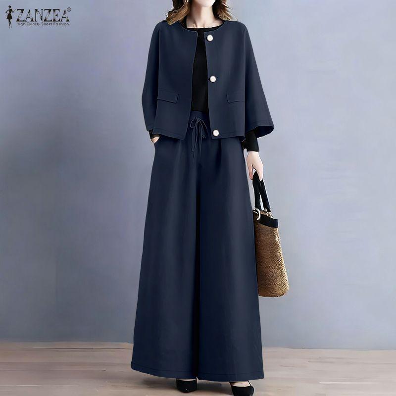 ZANZEA Damen Langarmbluse und lockere Hose Lässige zweiteilige Anzugsets