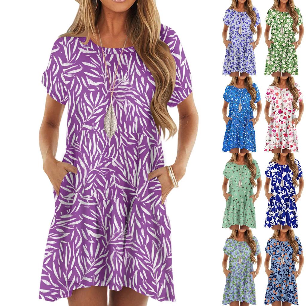Women's Fashion Casual Round Neck Short Sleeve  Leaf Floral Print Dress