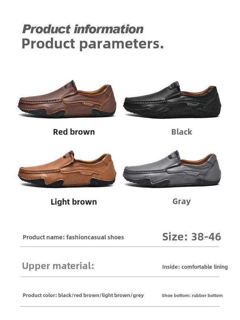 Men's Leather Slip-On Casual Loafers - Hand-Stitched, Flat, Low-Top, Large Size