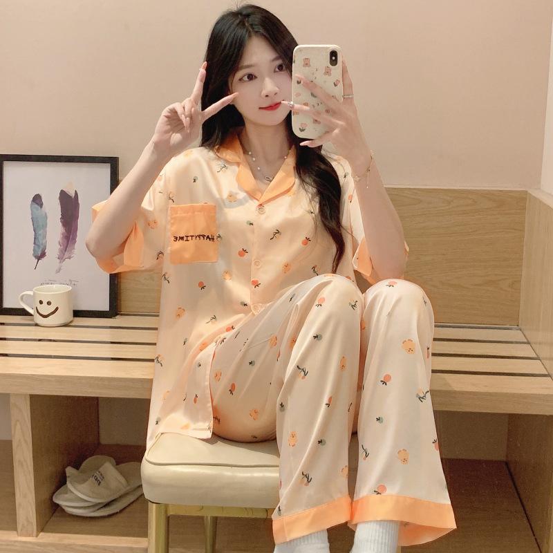 Ice Silk Pajamas Women'S Summer Sweet Wind Cartoon Printing Short-Sleeved Trousers Loungewear Can Be Worn Outside