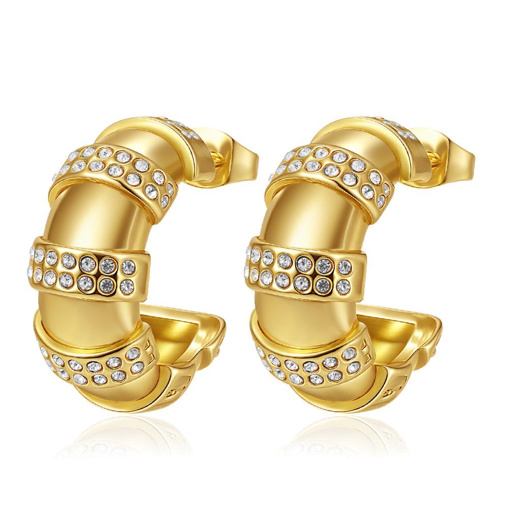 European and American Zircon Striped Diamond Earrings, Stainless Steel C-shaped Stud Earrings Women's Fashion Earrings