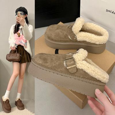 Women's Retro Lightweight and Comfortable Non-slip Heightening Winter Warm Plush Lining Non-slip Durable Casual Cotton One-step Plush Slippers