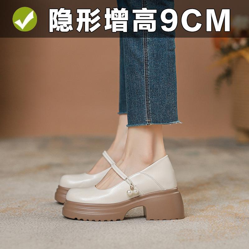 Leather Inner Height Increase 9CM Thick-soled White Mary Pearl Women's Shoes New Thick-soled Thick-heeled Single Shoes