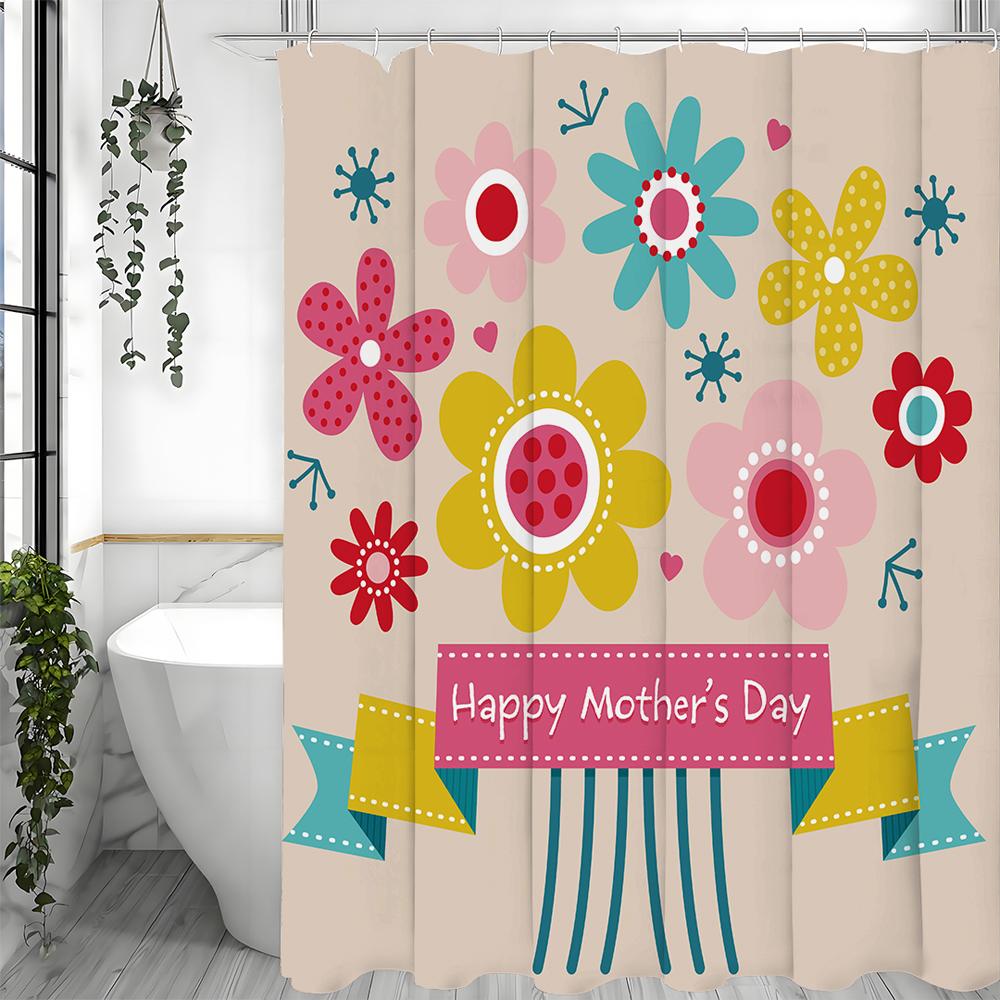 Happy Mother's Day Floral Shower Curtain, Bathroom Decorative Shower Curtain, Waterproof Shower Curtain with Hooks