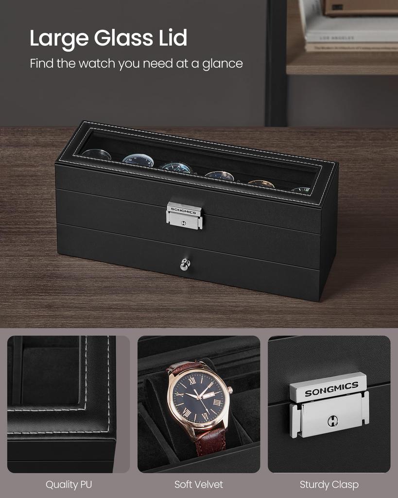 SONGMICS Watch Holds 6 PU Watch Collection Case with Large Glass Lid Removable Metal Accessory Perfect Day Gift for Men and JWB060B02 Case, Watches,