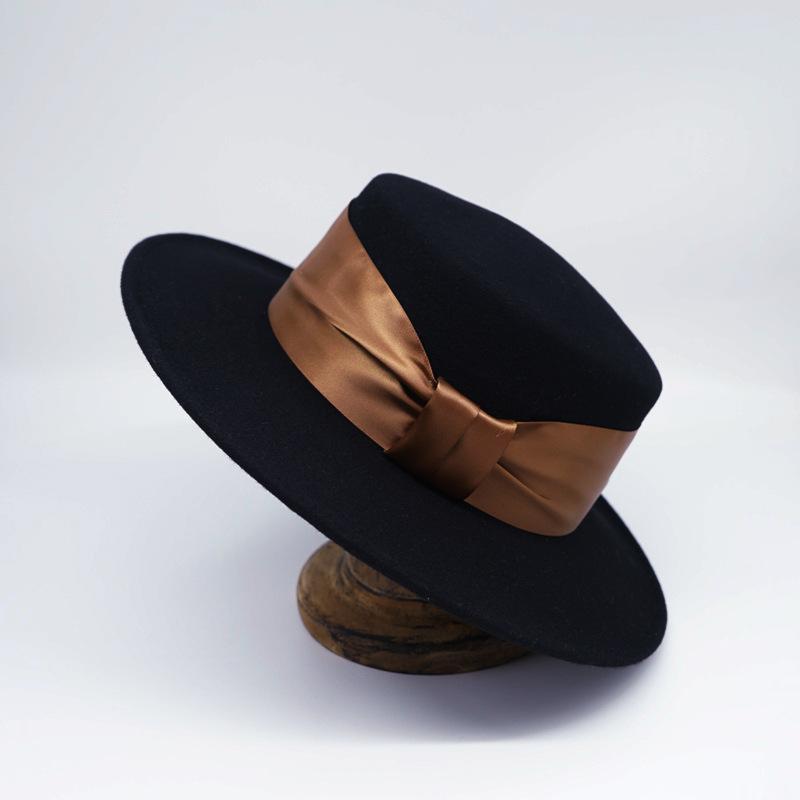 Foreign Trade Export Black Bow Big Eaves Flat Top Top Hat For Men And Women Autumn And Winter Wool British Retro Panama Felt