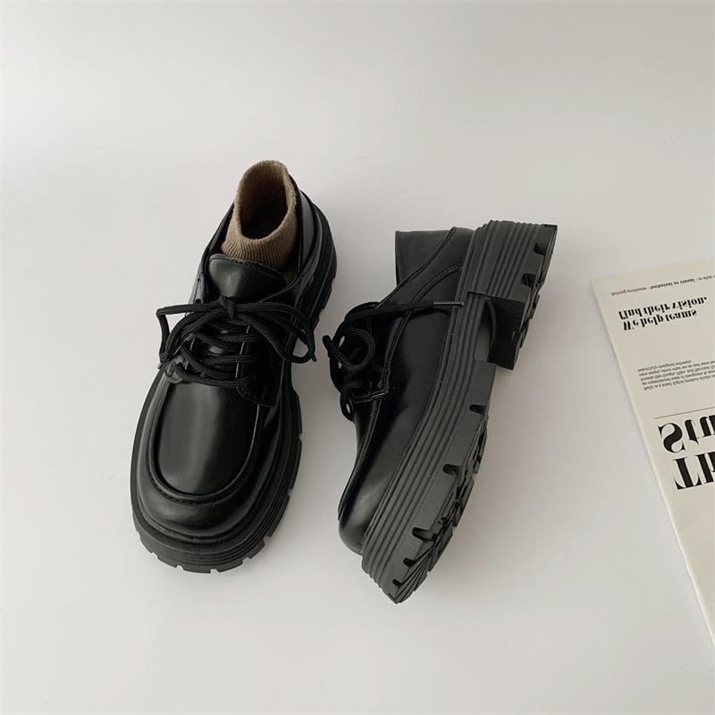 

Sheepskin version~ Black British style small leather shoes for women, 2025 spring and autumn new flat-bottomed lace-up loafers, single shoes for women 40 чёрный