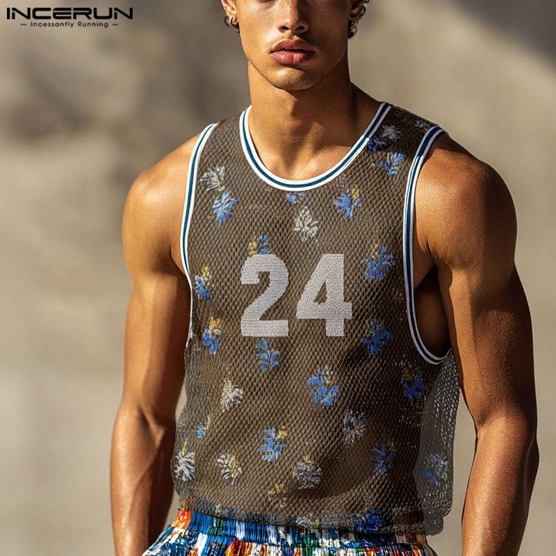 INCERUN Ärmellose Herren-Tanktops aus durchsichtigem Netz mit Print, Racerback