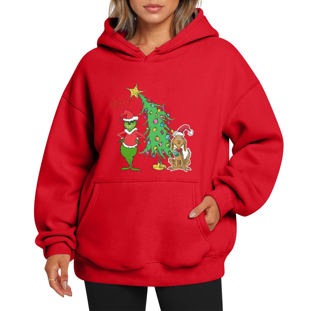 Ladies' Christmas Style Printed Hoodie With Wool And Pockets For Women