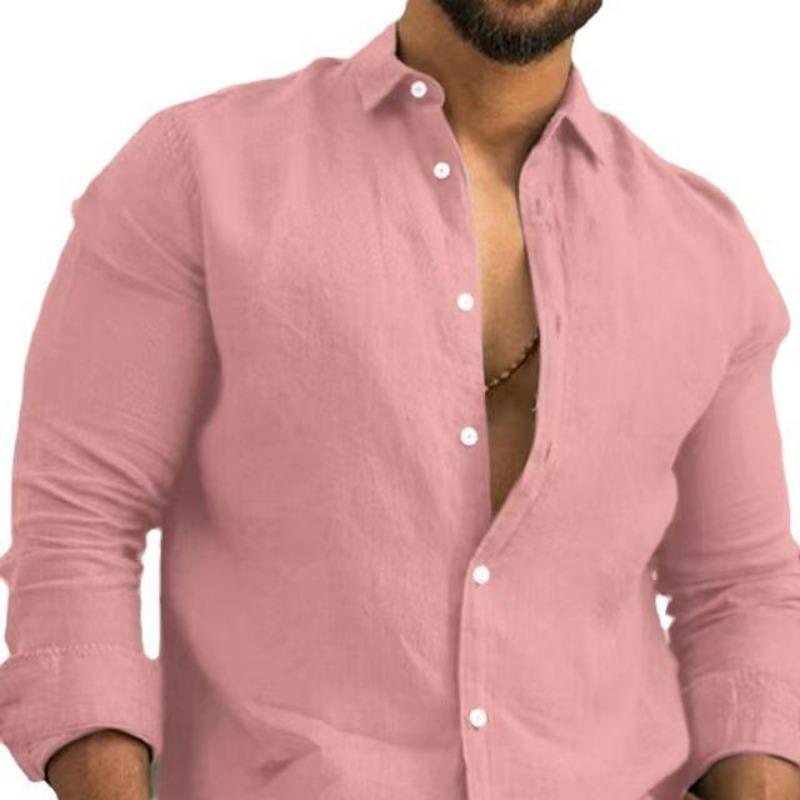 Men's Cotton Linen Long Sleeve Shirt Solid Relaxed Fit Casual Everyday Button Up Top