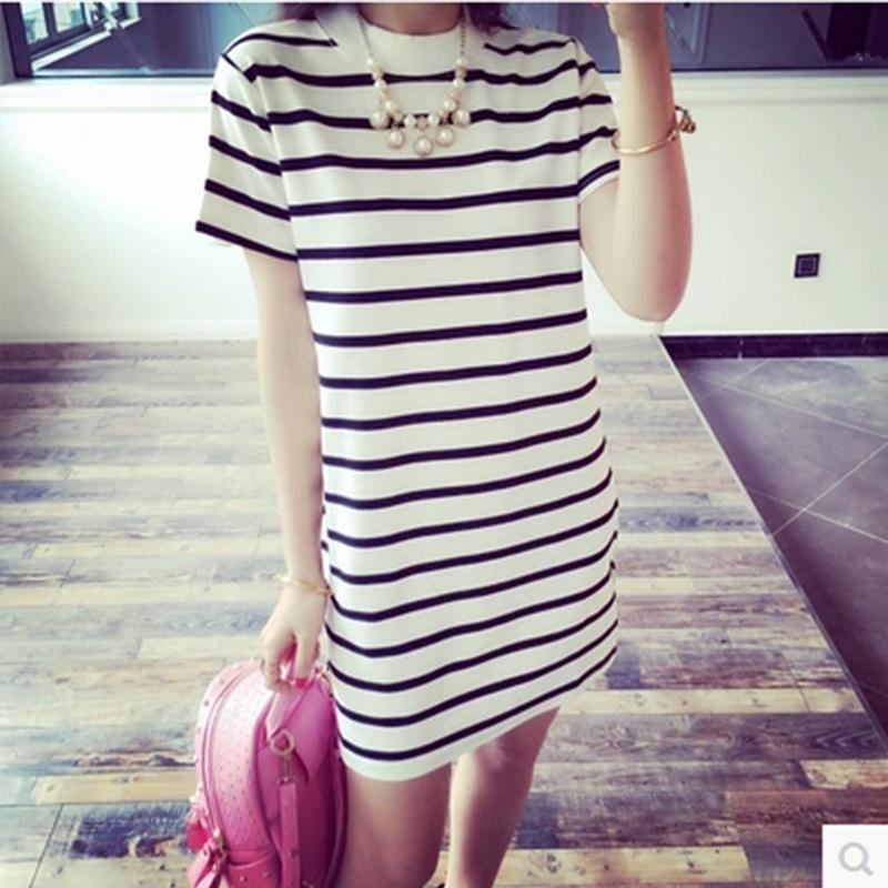 Summer Women's Mid-length Women's Striped Loose Short-sleeved T-shirt for Women Korean Style Horizontal Striped Women's Dress