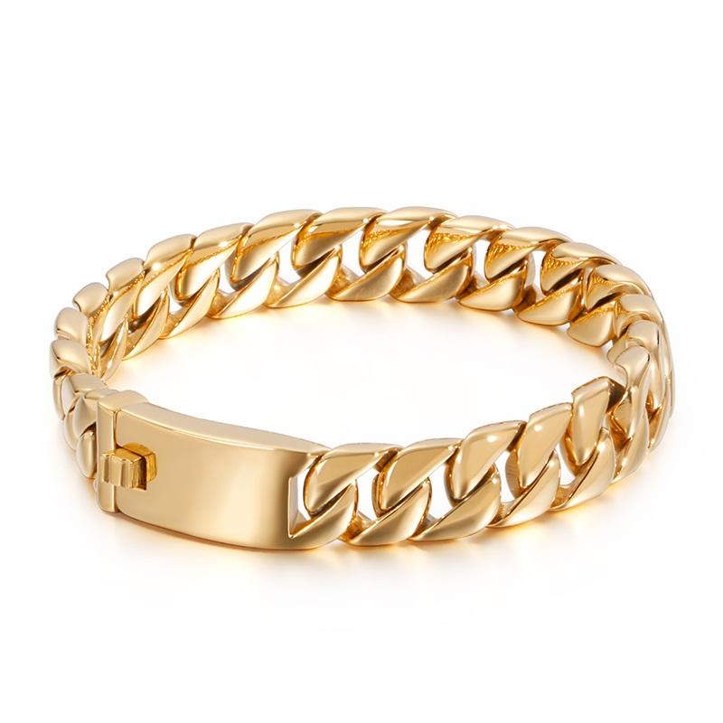 Heavy Punk Gold Color Curb Cuban Chain Bracelet CZ Zircon Men Women Hiphop Black Stainless Steel Bike Biker Bangle Jewelry