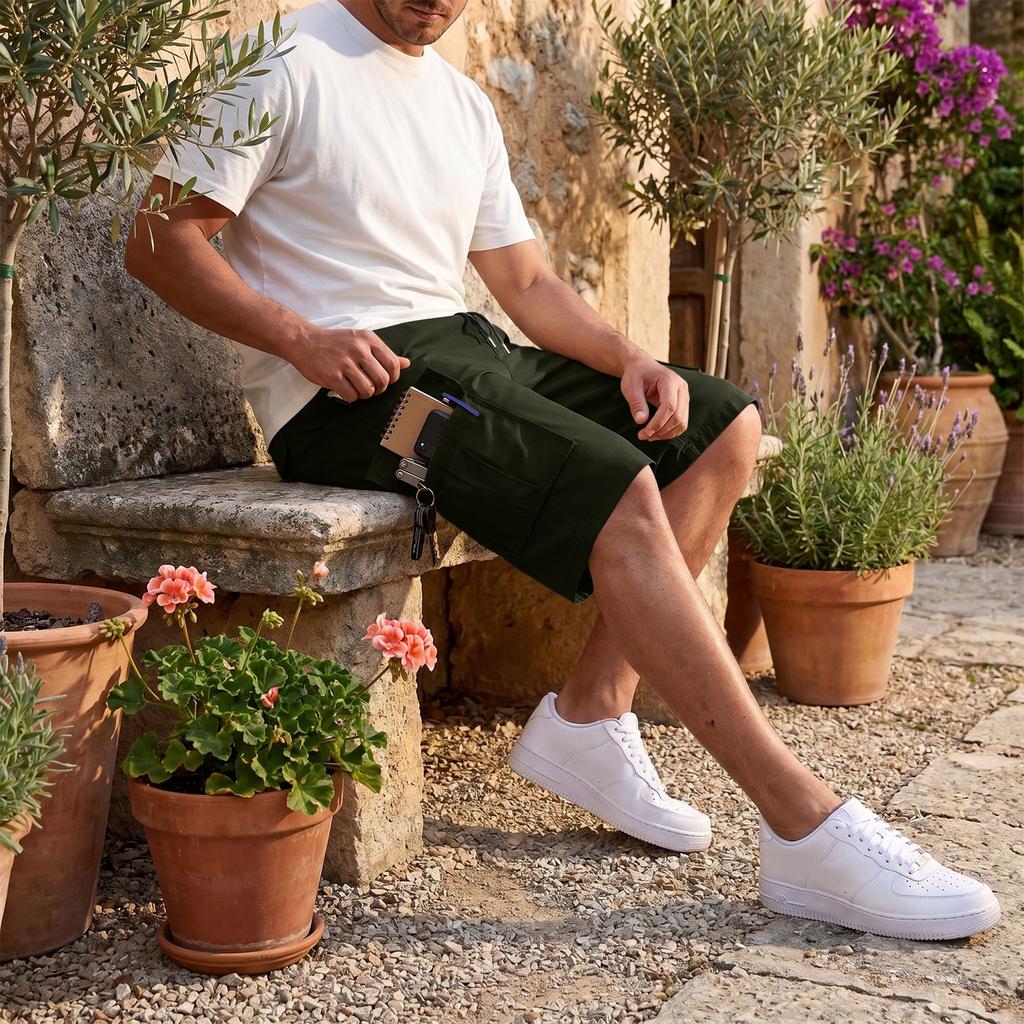 Men's Elastic Waist Cargo Shorts Adjustable Belt Multiple Pockets Casual Style Suitable for Hiking Worksite Summer Wear