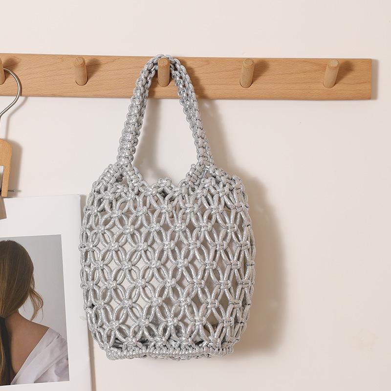 

Fashionable Gold and Silver Shiny Thread Straw Woven Handbag New Hollow Out Mesh Bucket Bag Women s Seaside Vacation Beach Bag