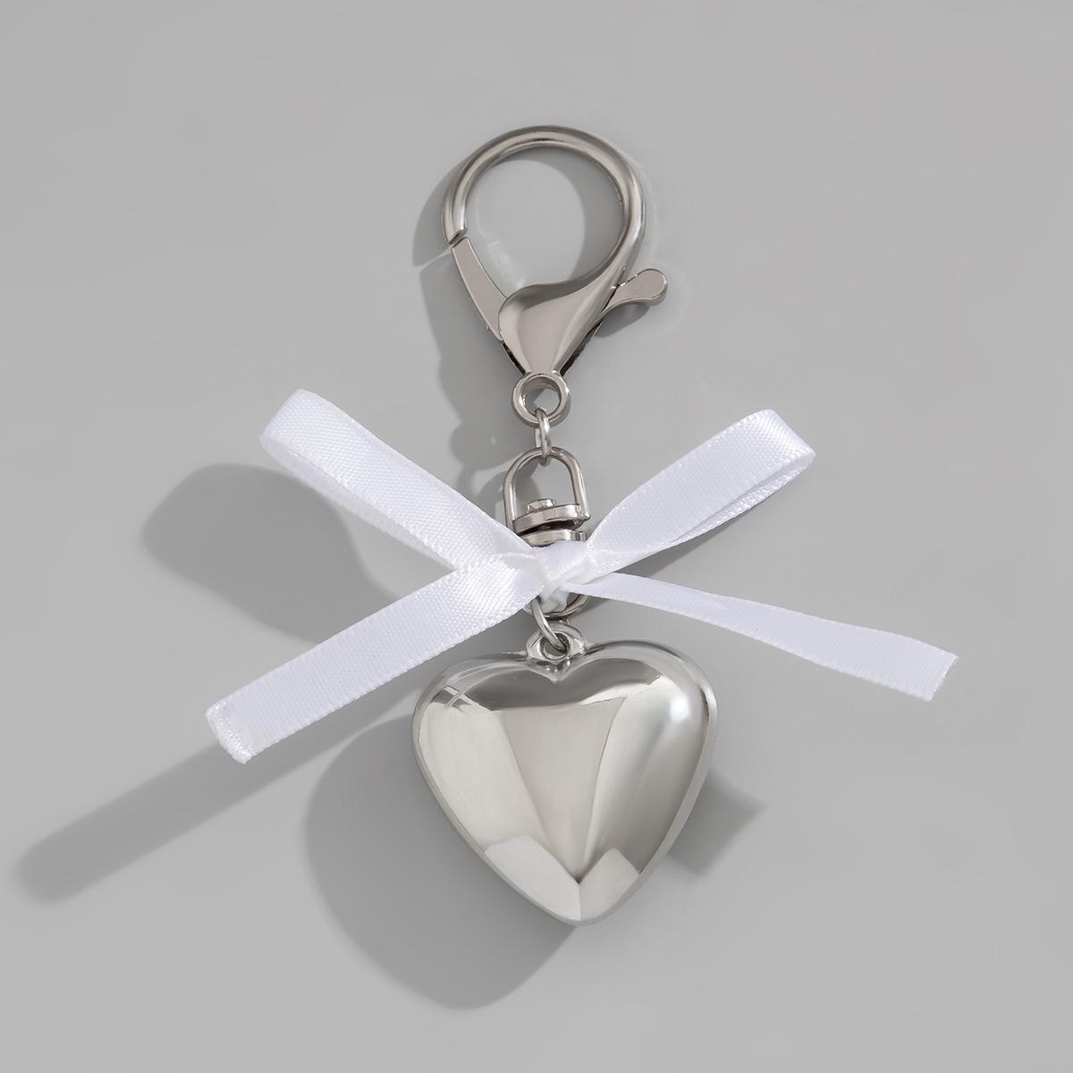 Salircon Trendy Chubby Love Heart Pendant Keychain Women Korean Imitation Pearl Ribbon Bow Key Ring Female Bagbag Jewelry