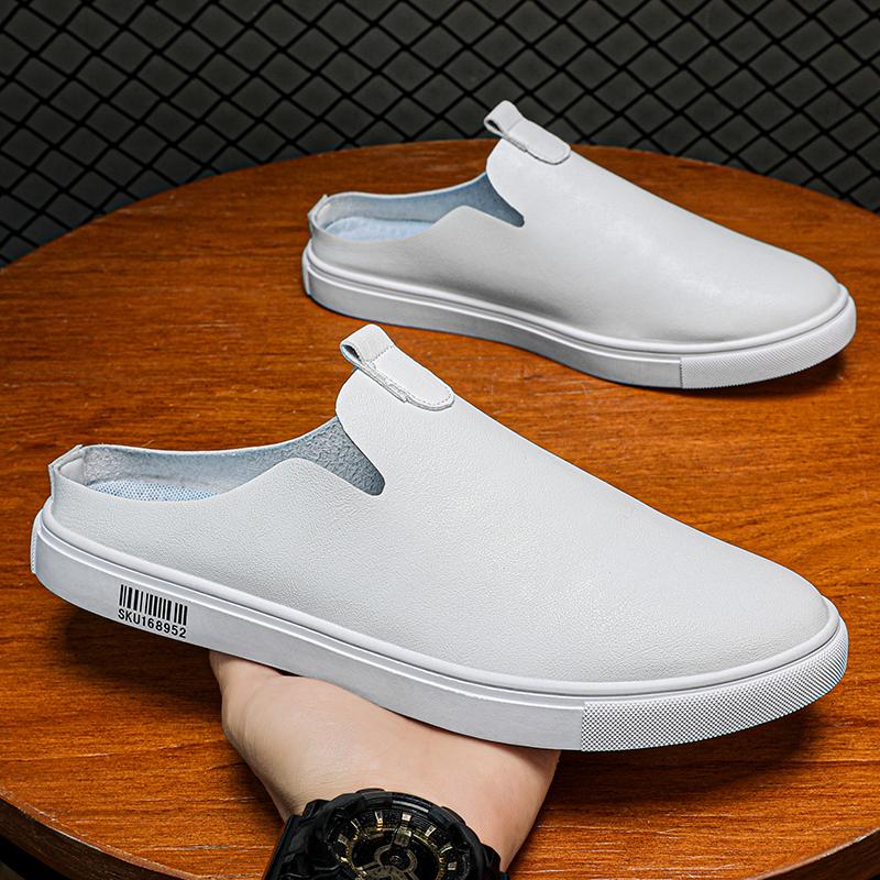 Leather Slip On Flat Mules Men Backless Loafers Slipper Half Shoes For Man Closed Toe Slide Sandals Open-back Casual Board Shoes