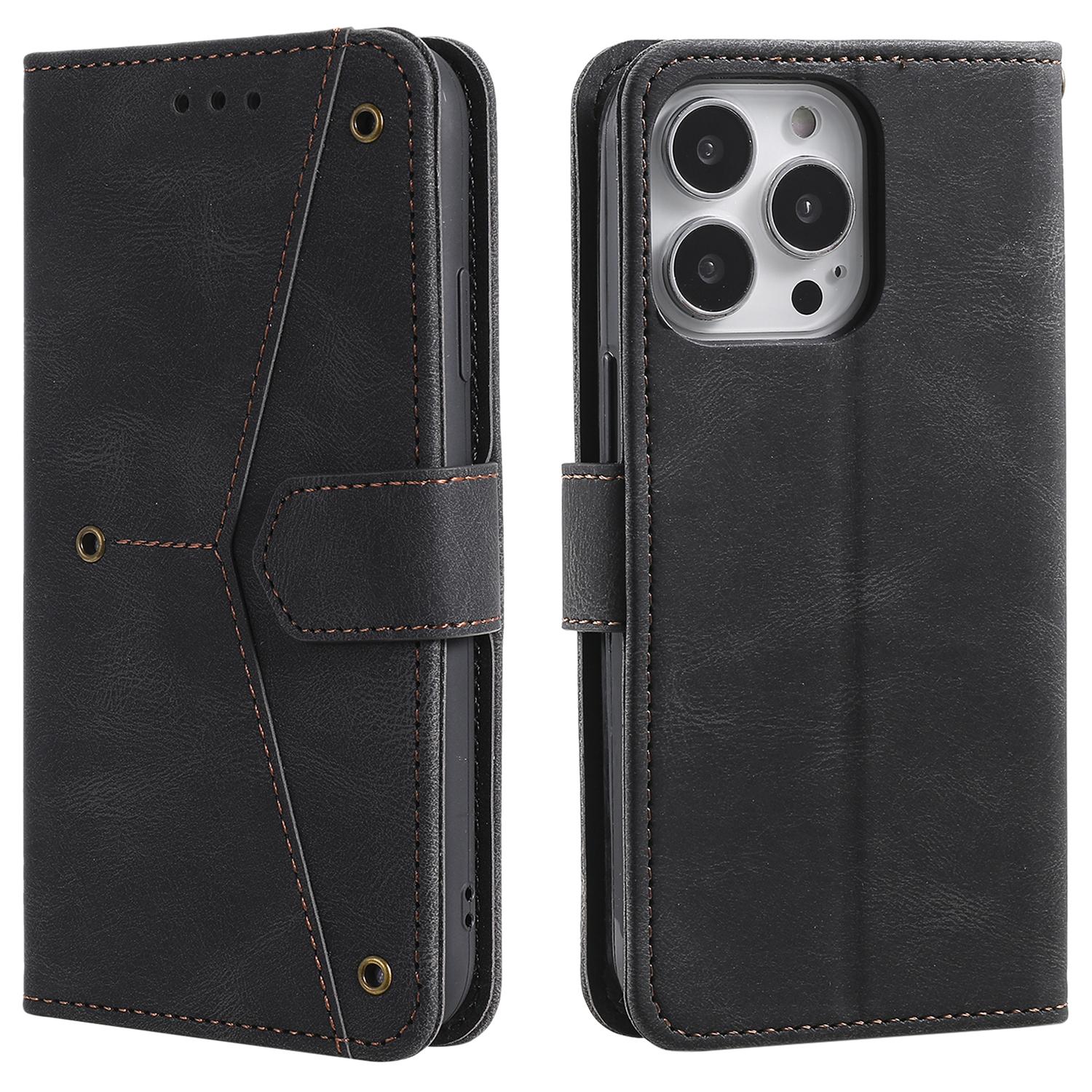 

For iPhone 16 Pro Max Case Splicing Stitching Leather Flip Protective Cover Black