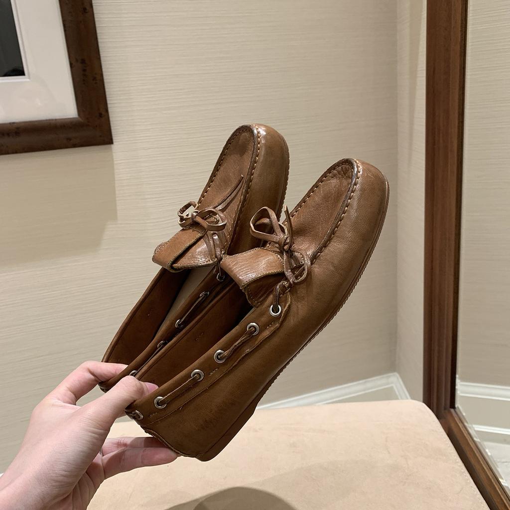 Washed horse skin grape mother same British loafers women's bow versatile small leather shoes flat leather beanie shoes