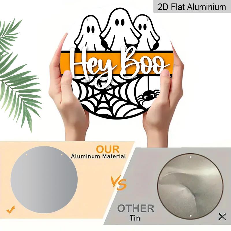 2D Flat, 1pc Round Aluminum Hanging Sign, Ghost Spider Web with "Hey Boo" Word Design, Suitable for Halloween & Christmas Wall Decor, Multi-Holiday