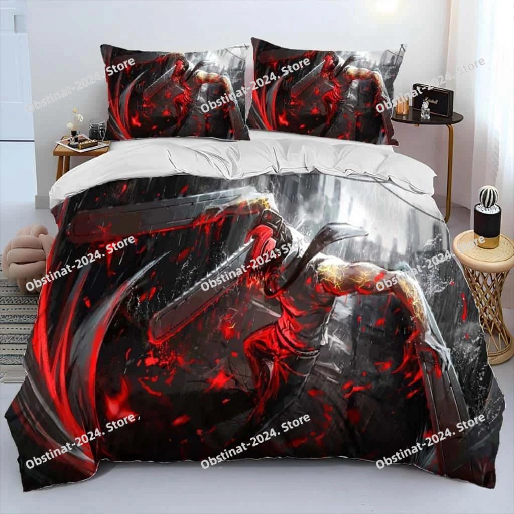 Juego de cama edredón de dibujos animados 3D Anime Chainsaw Man Denji, funda nórdica juego de cama funda de edredón funda de almohada, juego de cama tamaño king queen