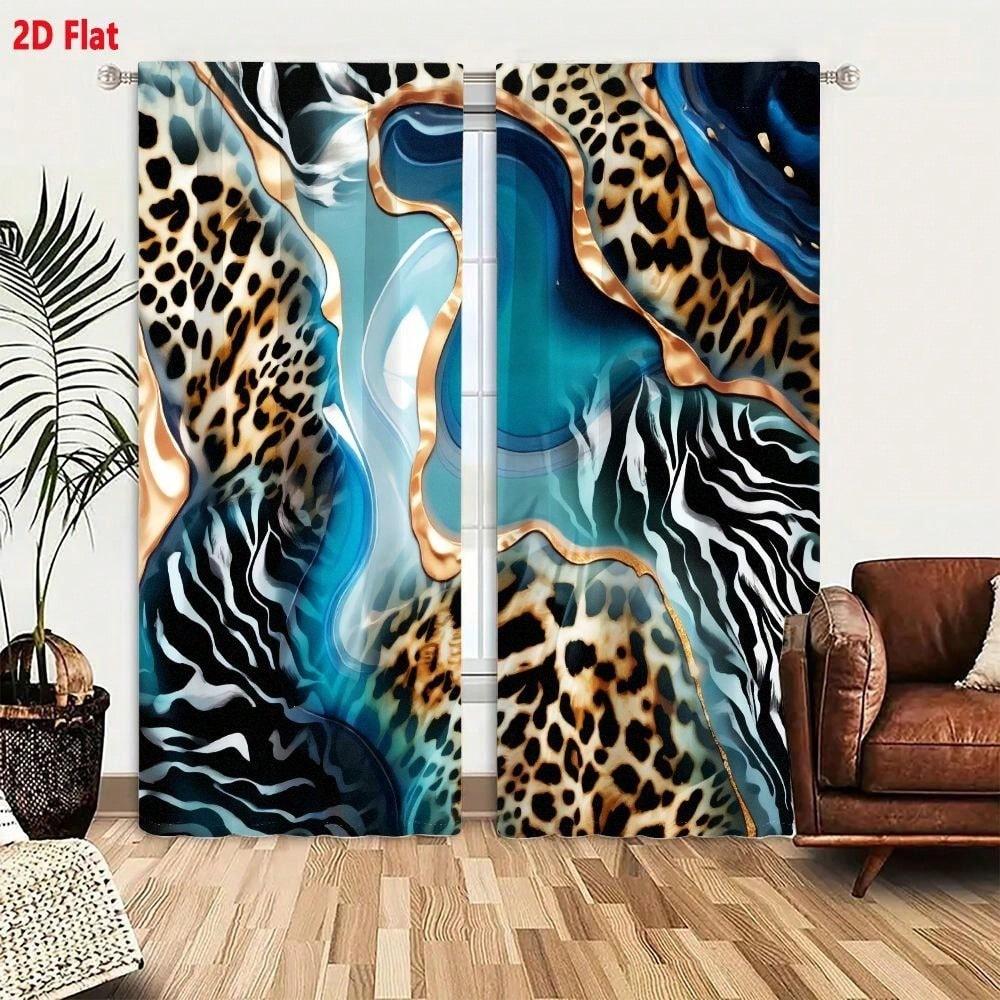 2Pcs Teal Blue Glossy Abstract Animal Print Curta | Leopard Zebra Pattern With Golden Outlines, Modern Opulent Fluid Design 53x116cm 2pc21x46in