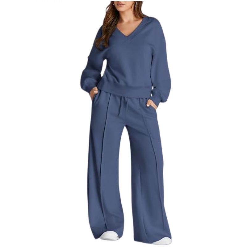 Conjunto Casual de Sudadera de Color Sólido con Cuello en V y Pantalones Largos para Mujer Otoño/Invierno 2025 - Moda Europea/Americana