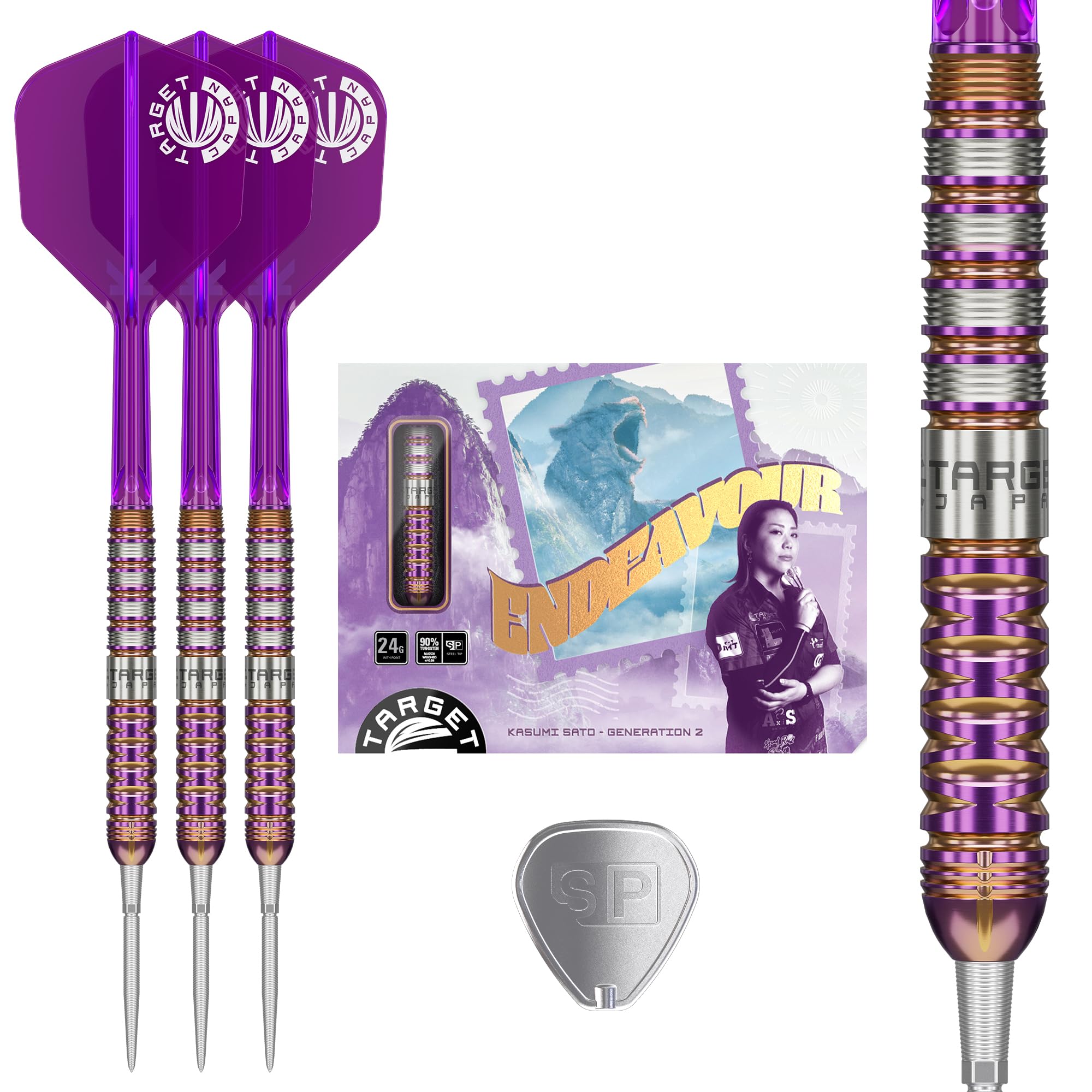 

Target Japan ENDEAVOUR G2 Player Kasumi Sato Tungsten Steel Tip Darts 6 Shape Flights and 2BA SWISS SILVER NANO POINT 30mm 90% K-Flex Set, 24g, K-Flex фиолетовый