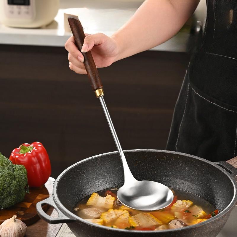 Stainless Steel Soup Spoon Extended Thick Wooden Handle Large Deep Hot Pot Spoon Home Kitchen Cooking Utensils4