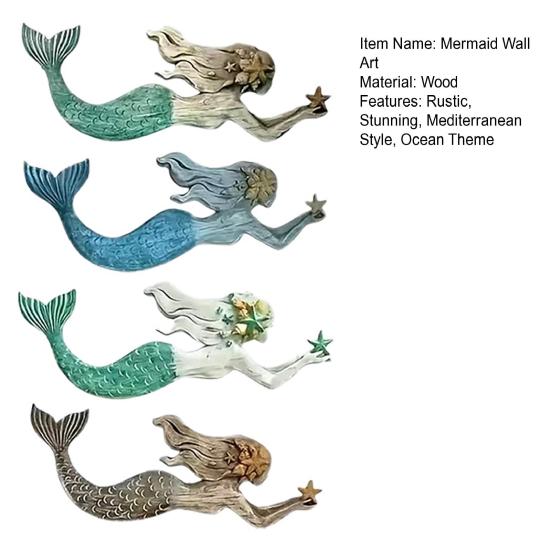 4 Pcs Wooden Mermaid Beach Wall Decor Rustic Nautical Swimming Mermaid