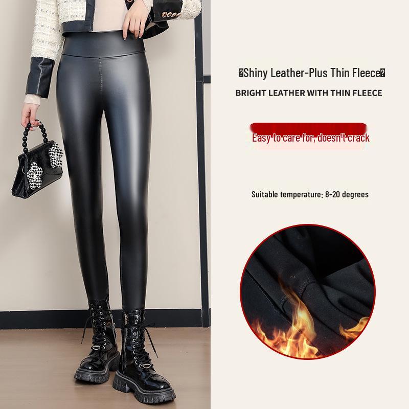 Women's Winter PU Leather High-Waist Thick Velvet Leggings - Plus Size, Slimming, Warm