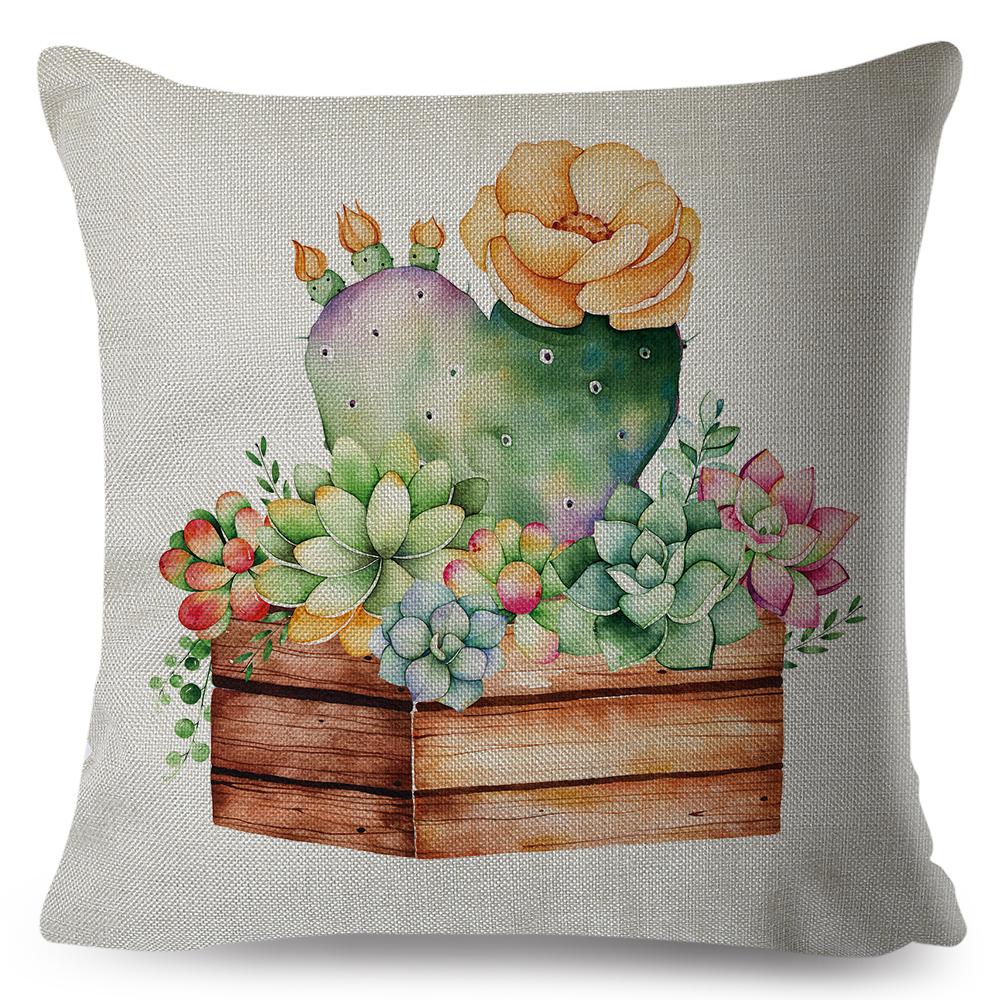 Cute Succulent Plant Cushion Covers Set Watercolor Potted Cactus In Cup Box Design Soft Pillow Home Decor Xcm