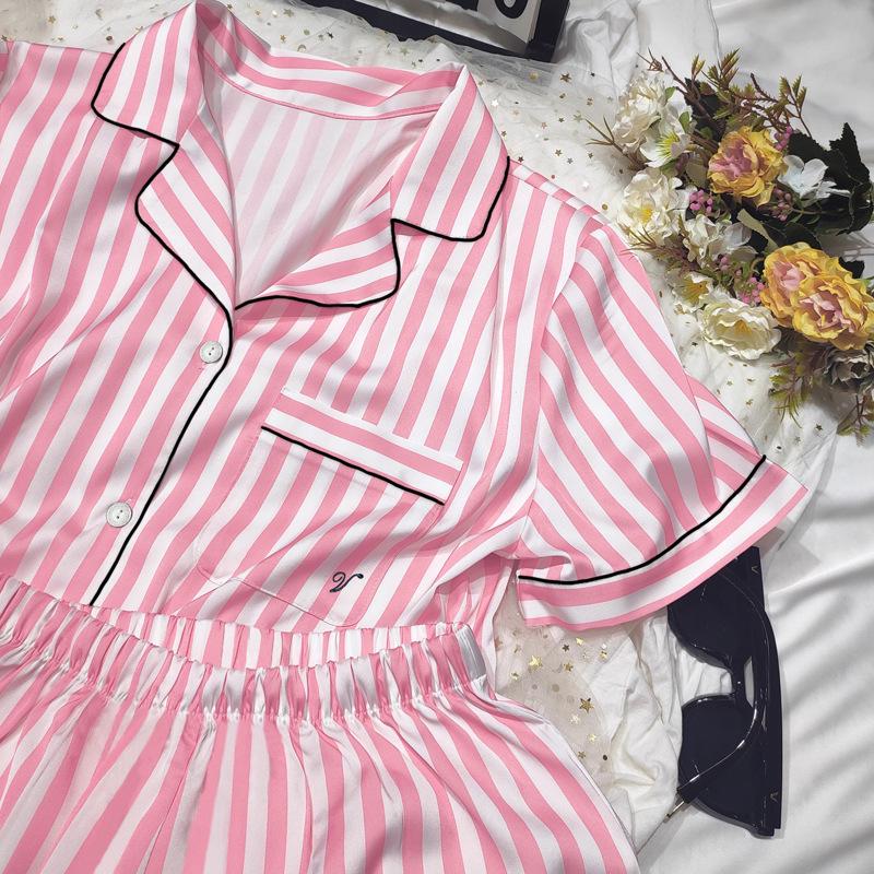 Women's Summer Pink Stripe Ice Silk Short Sleeve Pajama Set for Indoors and Outdoors