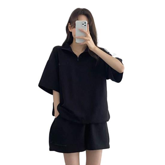 

2 шт./компл., комплект из толстовки и шорт, свободный однотонный комплект с лацканами и половиной рукавов, карманы с эластичной резинкой на талии, воротник на молнии, дышащий мягкий летний спортивный костюм M