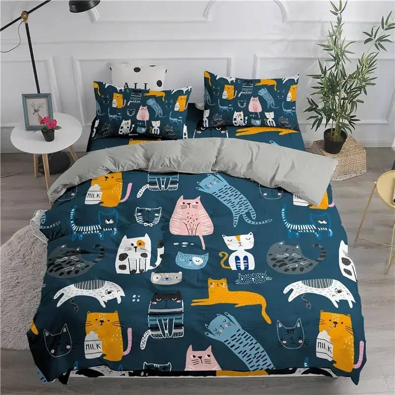Juego de Ropa de Cama de Dibujos Animados Gatos Lindos Cómoda Funda Nórdica Funda de Almohada Juego de Cama Decoración Habitación Infantil Textiles para el Hogar