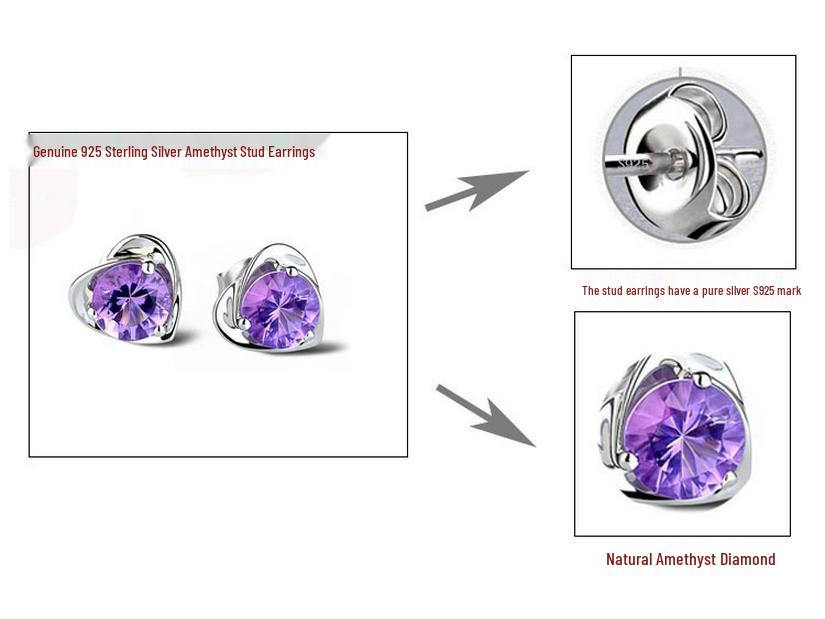 Purple Heart Diamond Stud Earrings – 925 Silver Needle, Fashion Sweet Style for Females and Students