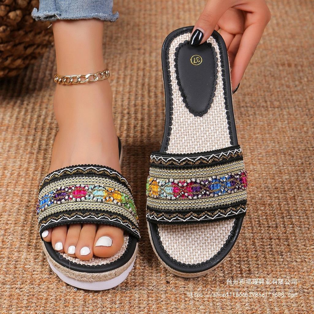 Large size 2025 summer slippers women's webbing wedge heel new European and American ethnic style thick-bottomed cool slippers