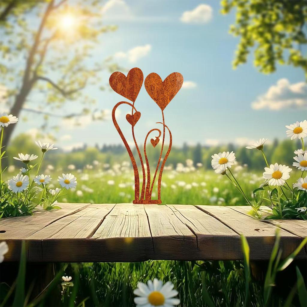 1Pc Iron Four-Heart Metal Garden Decoration Ground Plug, Outdoor Decoration, Intertwined Heart and Swirl Design, Suitable for Terrace, Courtya