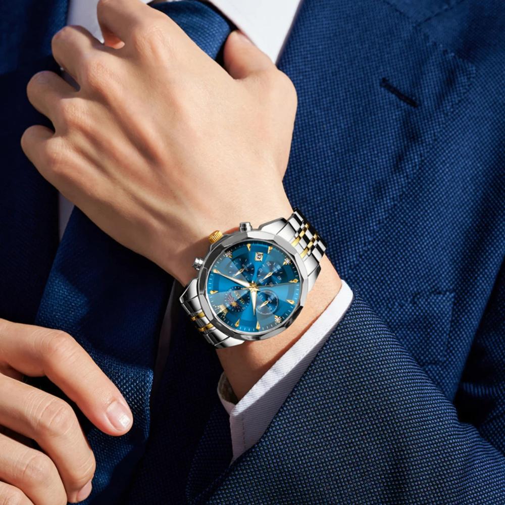 Men's Watches Moon Phase Chronograph Quartz Watch Stainless Steel Luminous Date Brand Roman Scale Wristwatch