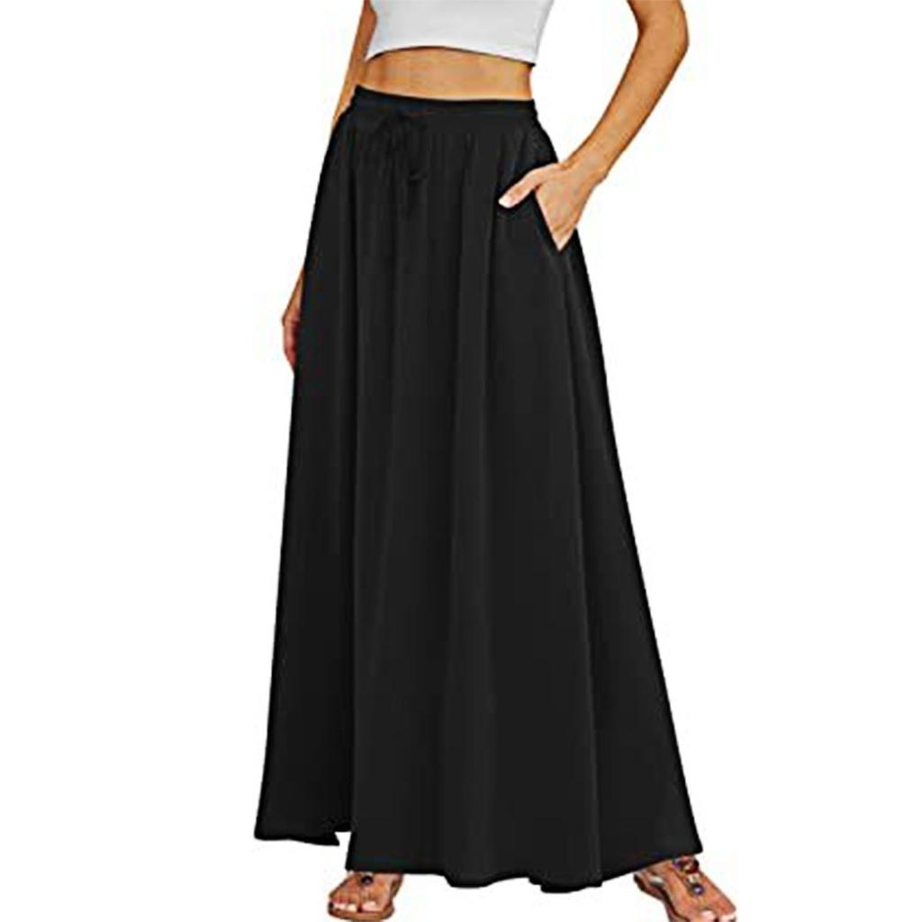 Yousheng Maxirock Verstellbarer Kordelzug Elastischer Hoher Bund Langer Rock mit Großem Saum Blumendruck Taschen Damenrock