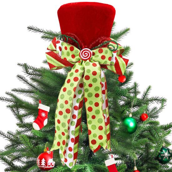 Christmas Tree Topper Hat Large Red Velvet Top Hat with Bow Christmas Treetop Ornament for Home Office Holiday Xmas Tree Decoration