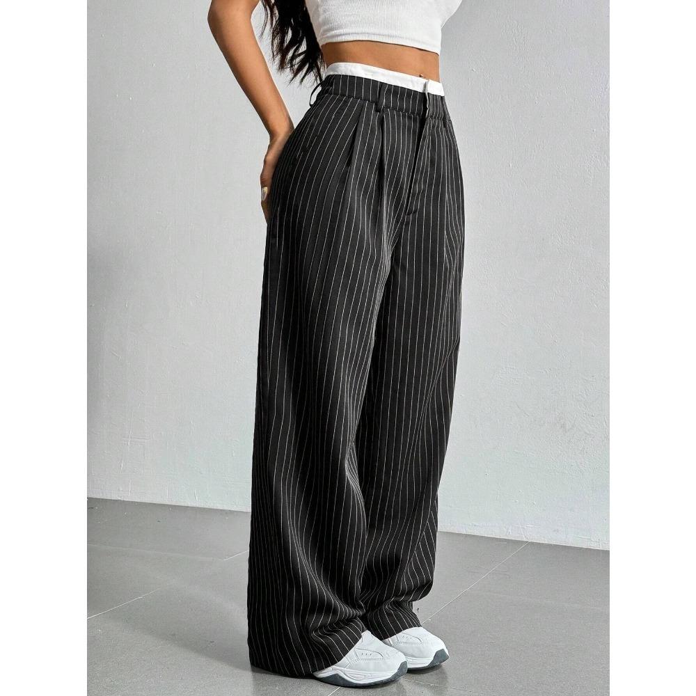 Women's Trousers Japanese and Korean Casual High Waist Color Matching Simple Drape Striped Straight Trousers Wide Legs