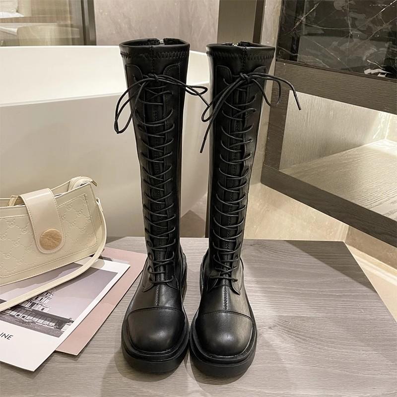 Platform women's shoes but knee boots Skinny boots Lace-up knight boots Autumn and winter white small long boots Women's tall boots