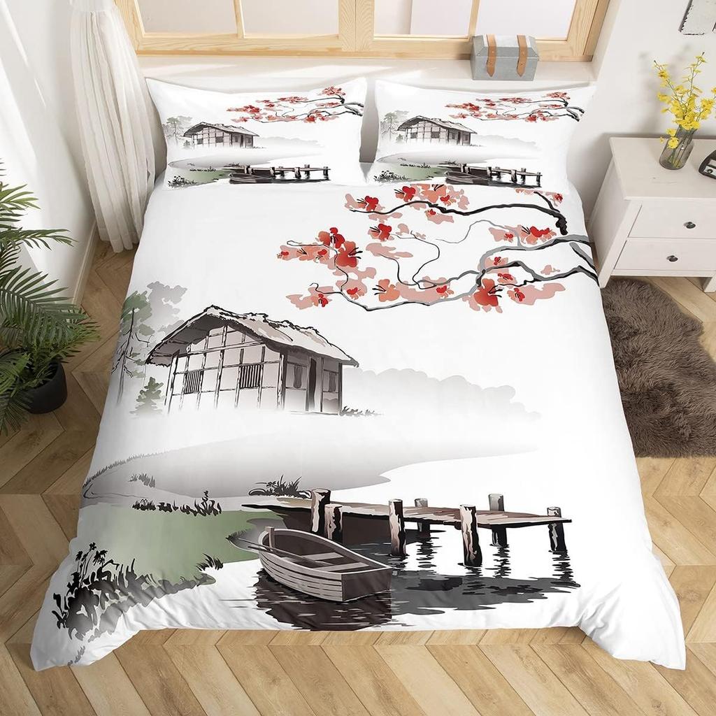 Cherry Blossoms Duvet Cover King for Women Ink Painting Black White Comforter Cover Romantic Theme Bedding Set with 2 Pillowcase