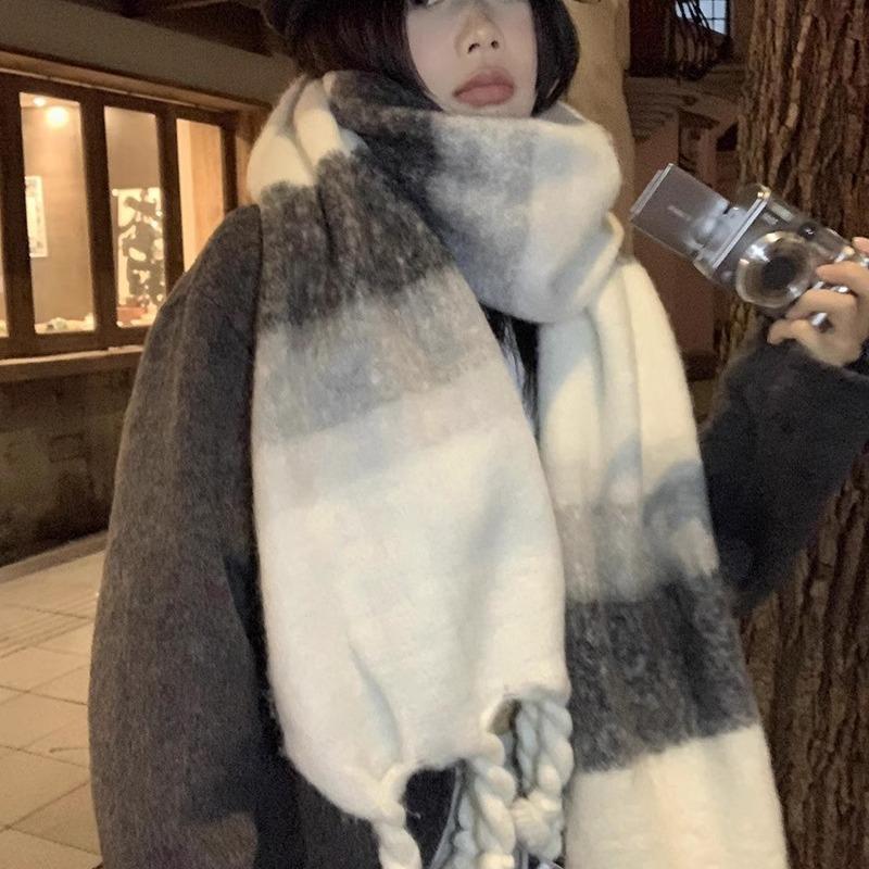 High sense gradual change color black and white striped mohair extended large version scarf imitation cashmere thickened warm shawl